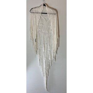 Vintage Elwin White Lace Fringe Shawl Wrap Made In Japan 58" Long